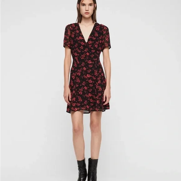 all saints red floral dress Xena Floral Print Mini Dress ARMADA RED